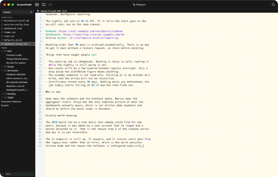 ScratchPadIt showing a plain text file with line numbers, coloured URLs, and a sidebar listing linked files and page groups