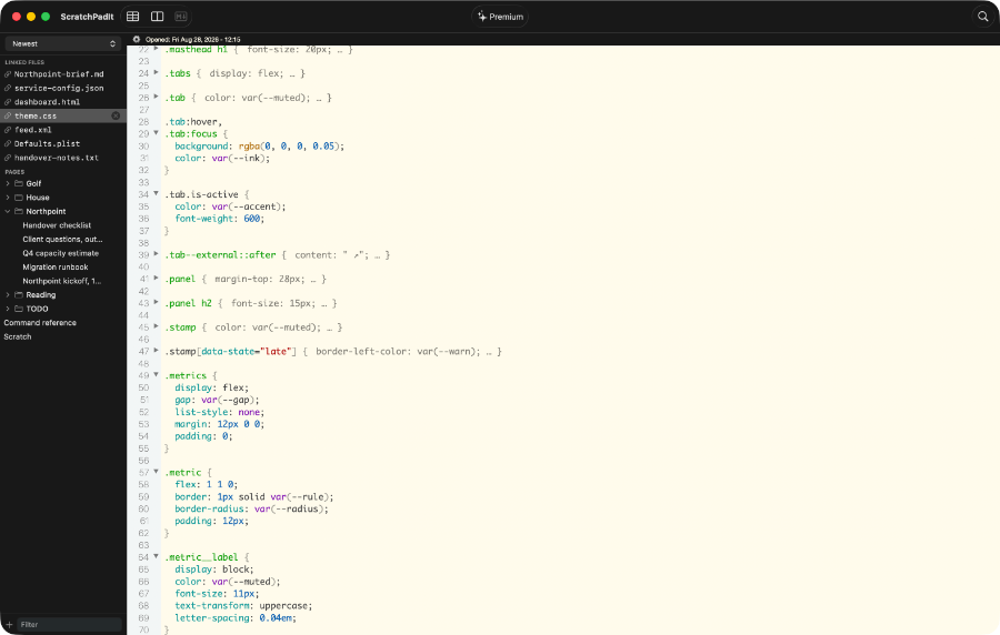 A CSS file in ScratchPadIt with selectors, properties and values in different colours and several rules folded to one line